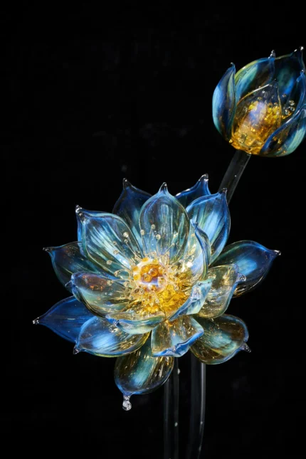 Handcrafted blue lotus Liuli glass sculpture